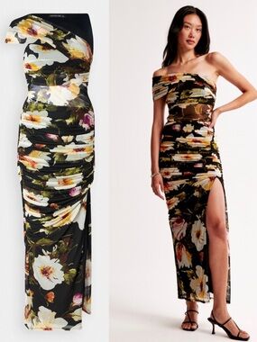 Abercrombie & Fitch Floral One Shoulder Ruched Maxi Dress Size SP Wedding Guest